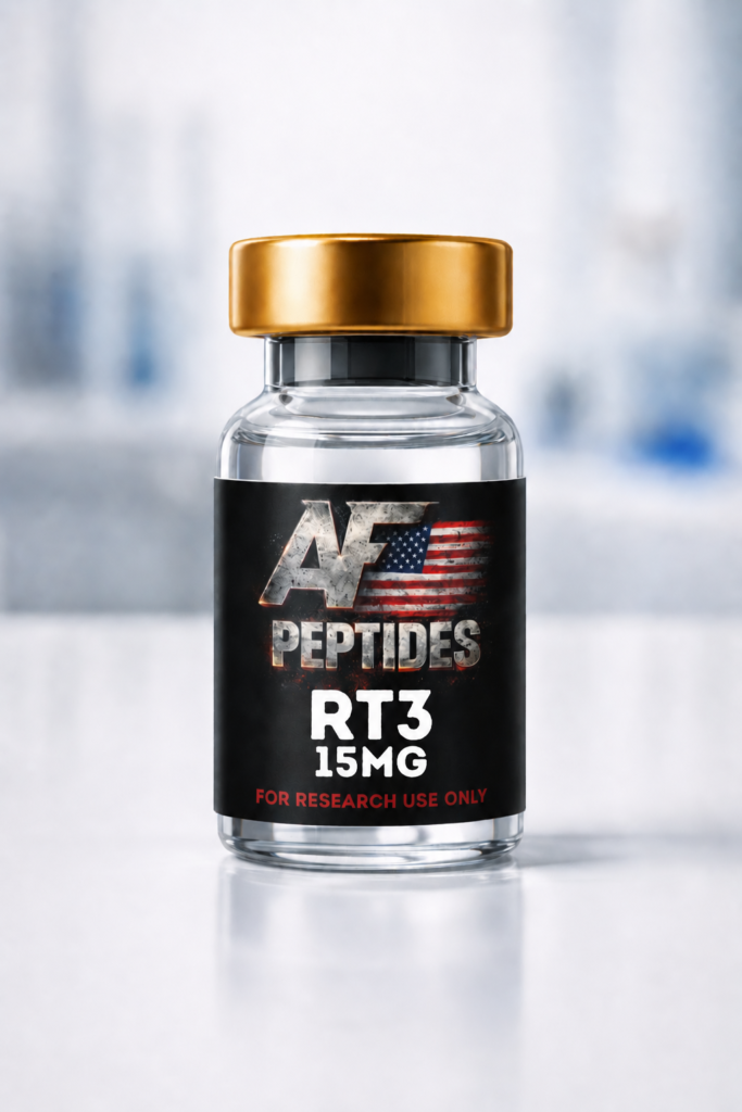 AF Peptides RT-3 15mg glass vial with gold cap and black research-use-only label