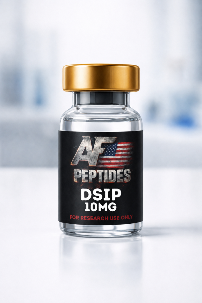 AF Peptides DSIP 10mg glass vial with gold cap and black research-use-only label