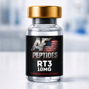 AF Peptides RT-3 10mg glass vial with gold cap and black research-use-only label