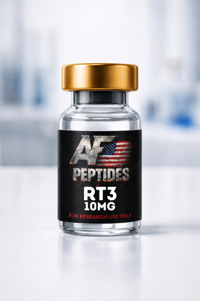 AF Peptides RT-3 10mg glass vial with gold cap and black research-use-only label