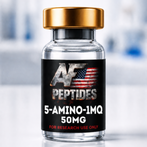 AF Peptides 5-Amino-1MQ 50mg glass vial with gold cap and black research-use-only label