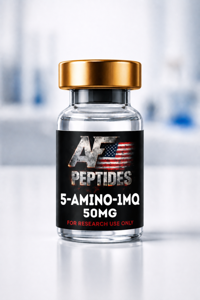 AF Peptides 5-Amino-1MQ 50mg glass vial with gold cap and black research-use-only label