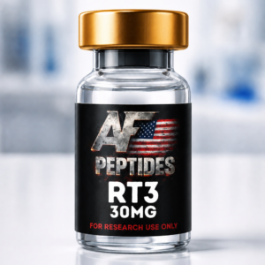 AF Peptides RT-3 30mg glass vial with gold cap and black research-use-only label