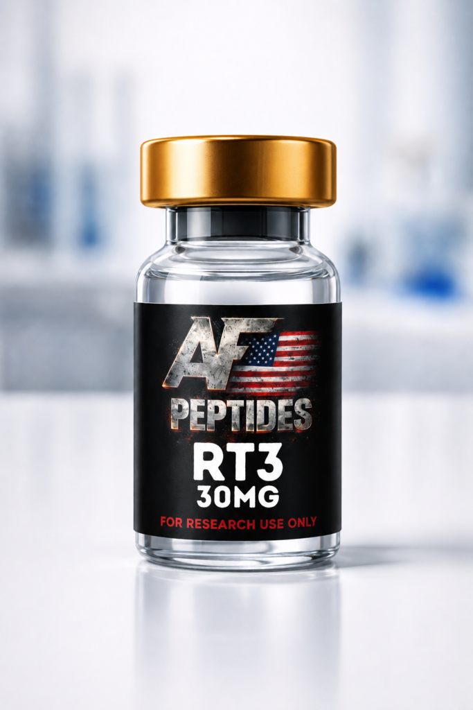 AF Peptides RT-3 30mg glass vial with gold cap and black research-use-only label