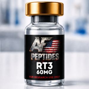 AF Peptides RT-3 60mg glass vial with gold cap and black research-use-only label