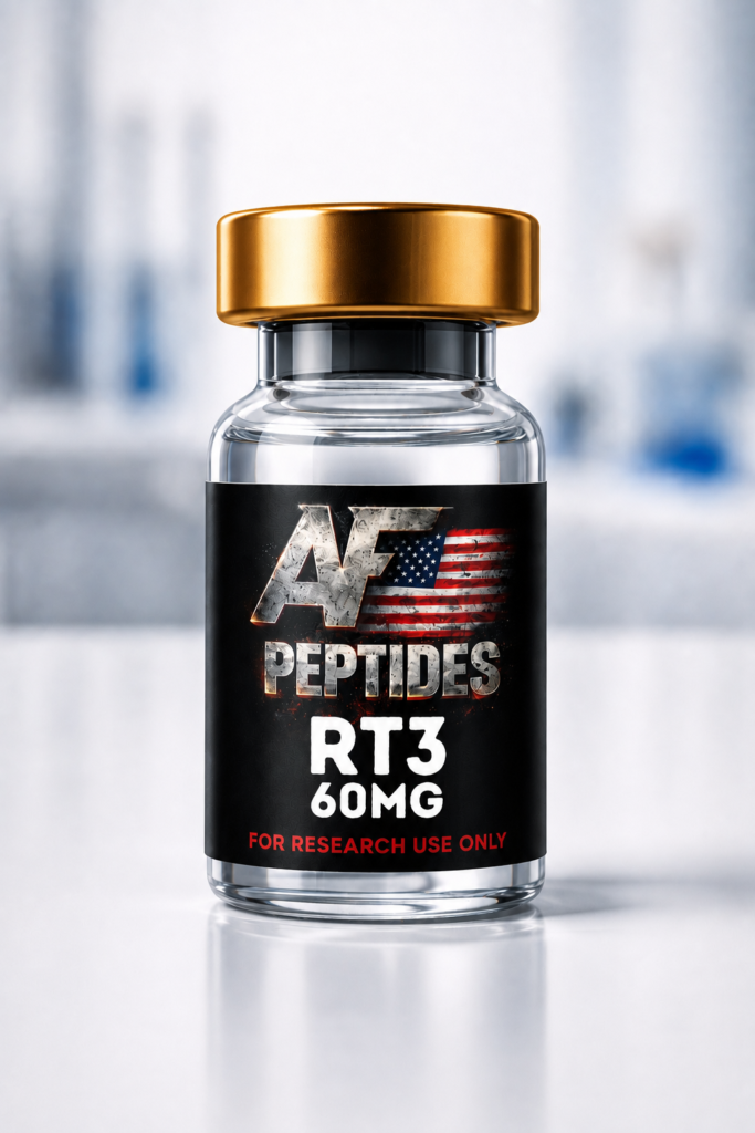 AF Peptides RT-3 60mg glass vial with gold cap and black research-use-only label
